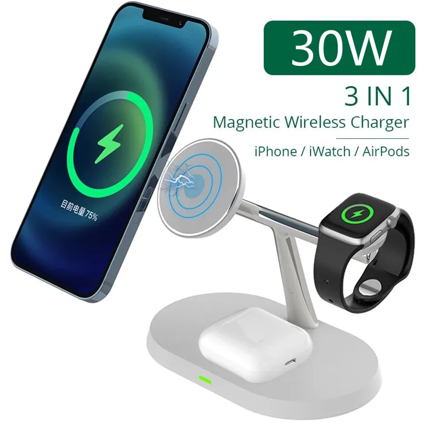 Magnetic Wireless Charger Stand for iPhone 15 14 13 12 Pro Max Apple Watch 9 8 7 Airpods Pro 3 In 1 Fast Phone Charging Sation